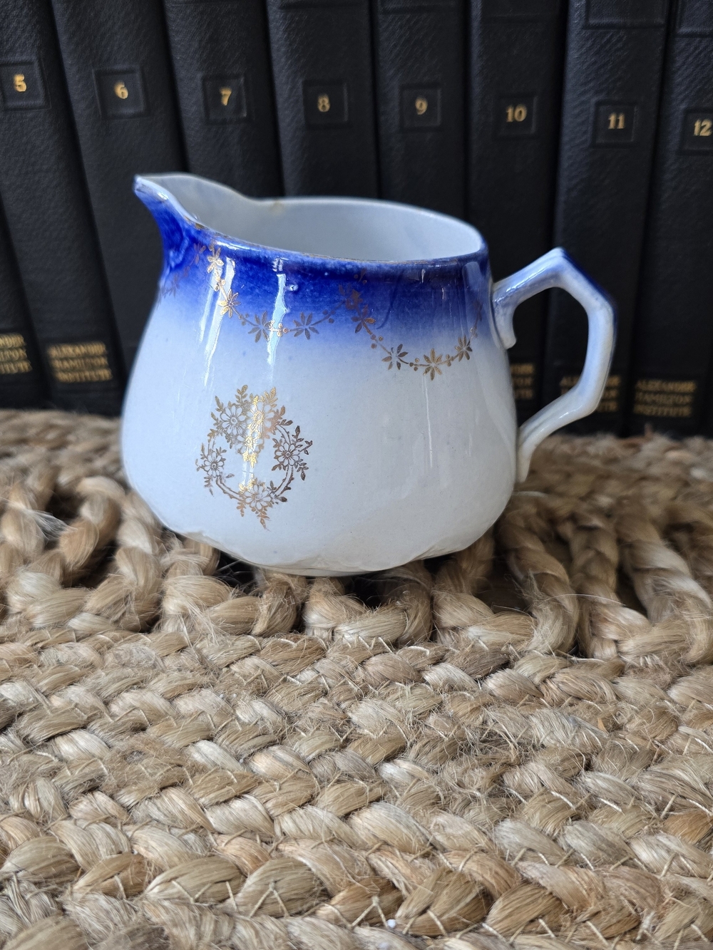 Vintage Porcelain Creamer - White and Blue with Gold Accent